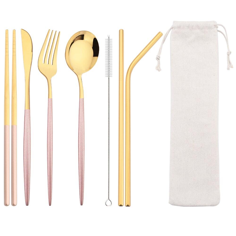 8Pcs/Set Portable Stainless Steel Dinnerware Set Travel Camping Spoon Fork Knife Chopsticks Straws Brush Tableware Flatware Set with Storage Bag