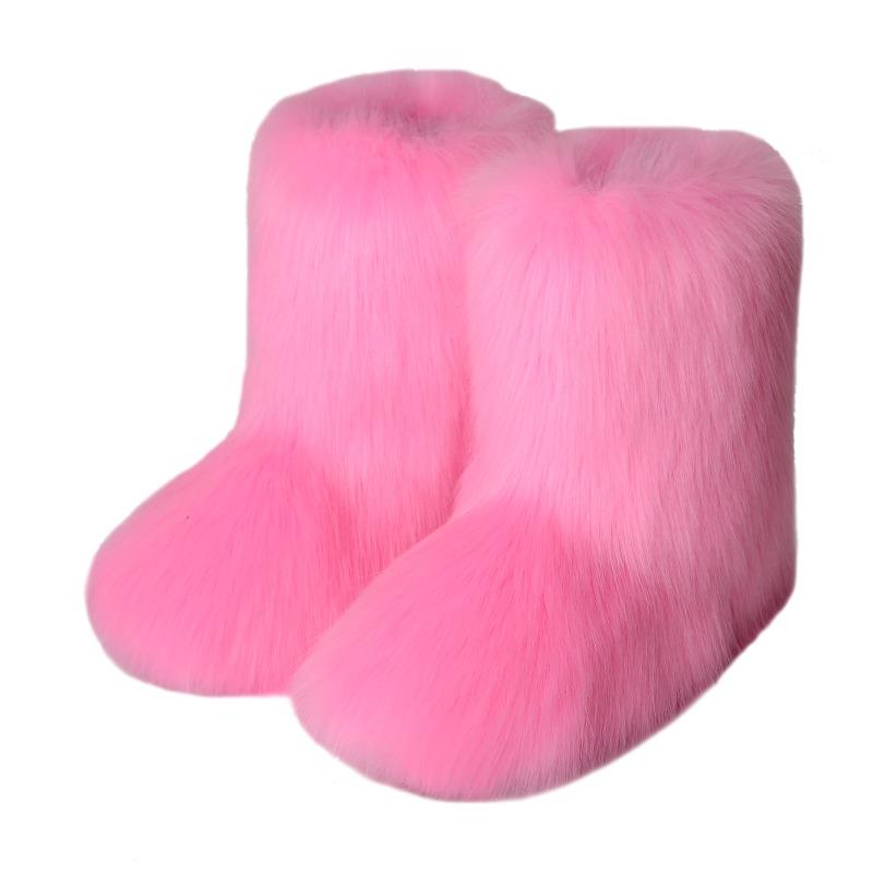 Flat heel high top warm winter furry boots deep mouth round head medium tube imitation fox fur snow boots women