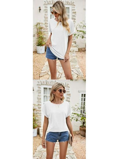 Women's Eyelet Summer Round Neck Short Sleeve Casual T-shirt