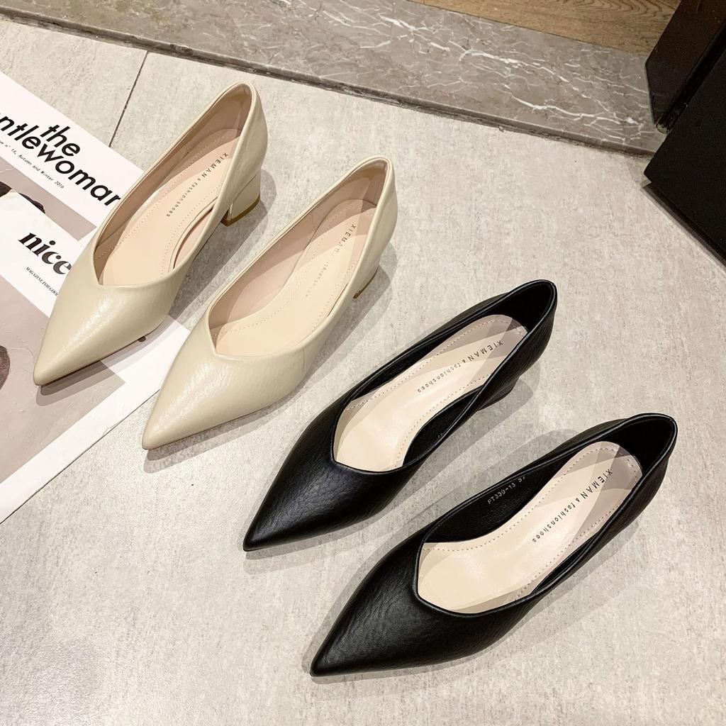 Soft leather commuter thick heel pointed head shallow mouth sexy V mouth women's single shoes versatile year-round not tired feet single shoes