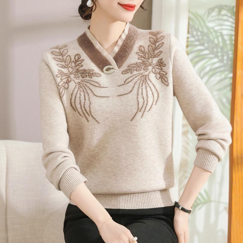 Mom pullover autumn and winter fleece thickened red sweater medium and old women's integrated fleece warm knitted bottoming shirt