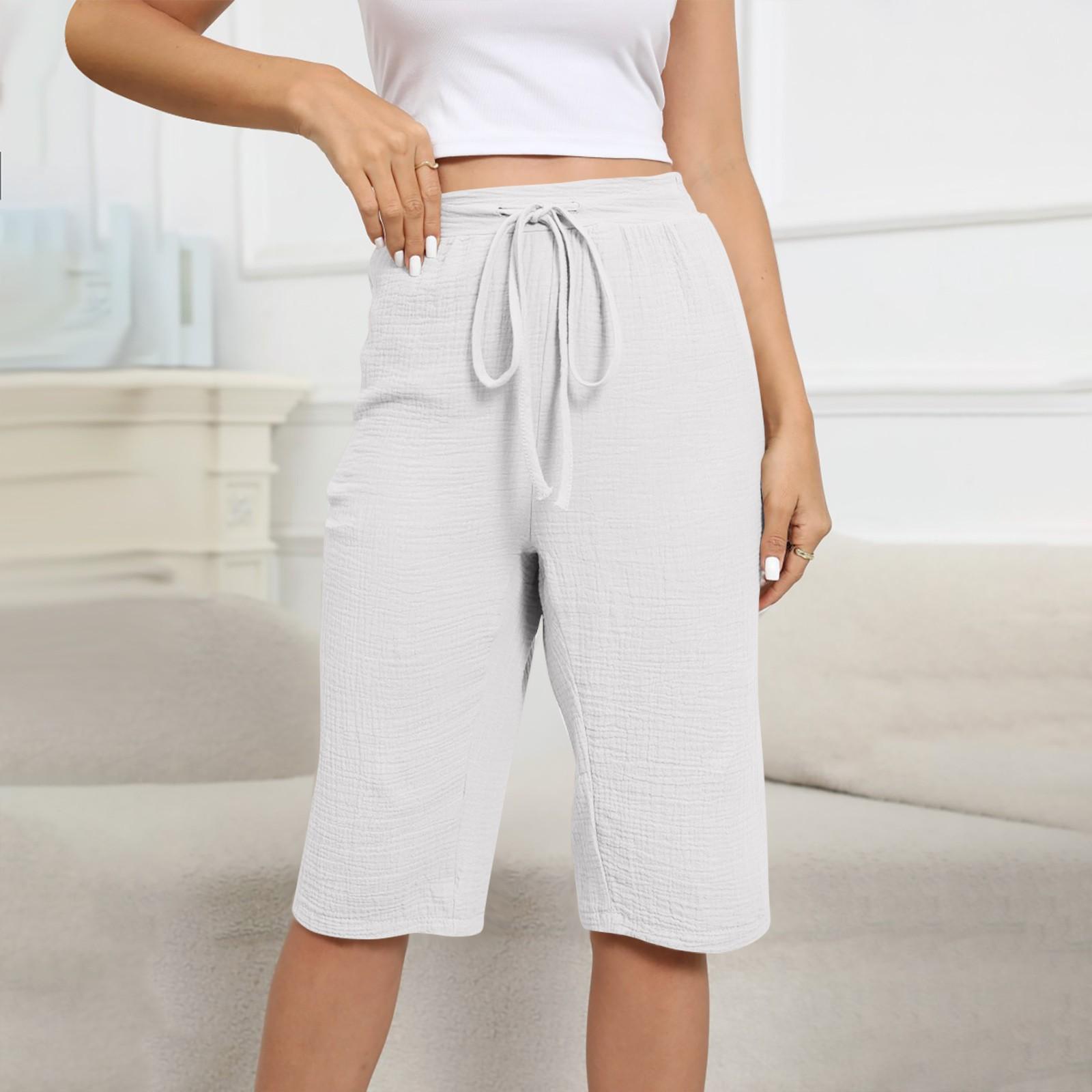 

Женские эластичные широкие повседневные однотонные брюки с высокой талией, шорты с карманами XL белый