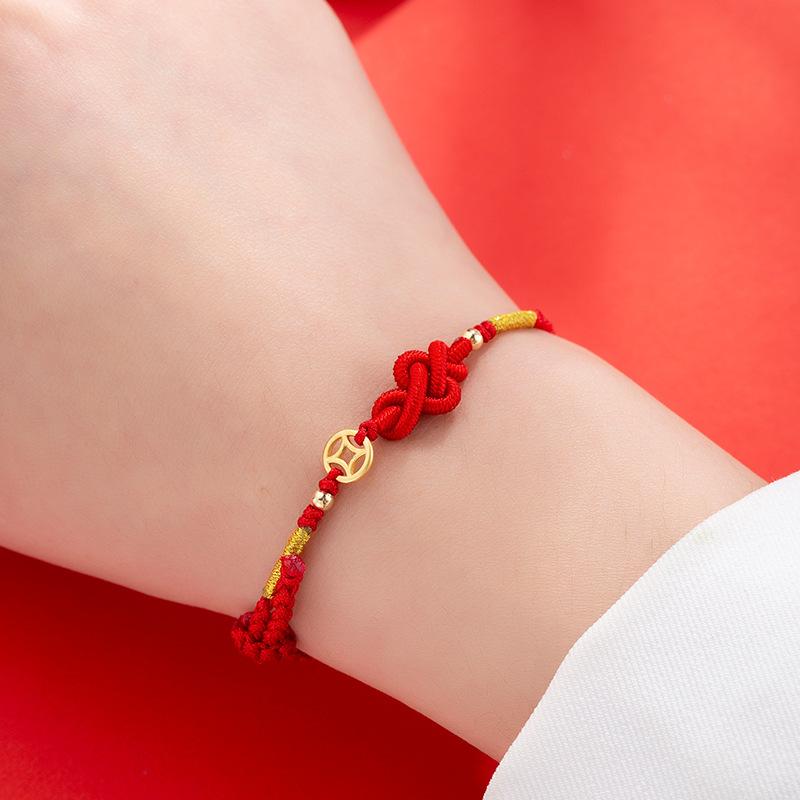 Handgefertigtes geflochtenes Glücksknoten Kupfermünz Armreif für Frauen Männer Rotes Seil Beste Freunde Liebende Geschenk Armband Accessoire