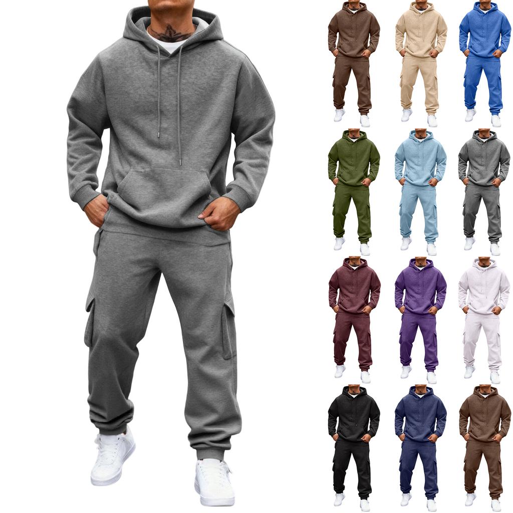 Men's Fleece-Lined Thermal Two-Piece Tracksuit Set | Color Hoodie With Cargo Joggers & Elastic Waist For Casual Outdoor Activities