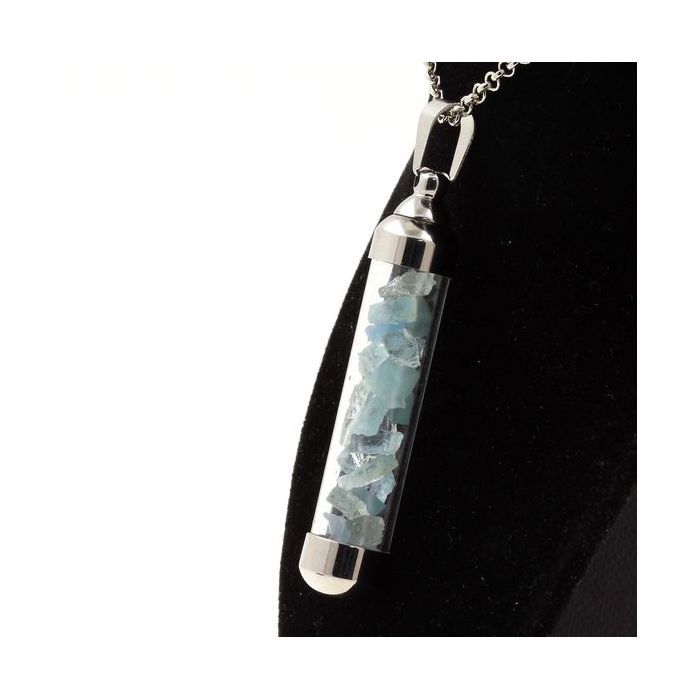 Pierres et Minéraux. Collier Aigue-Marine brut. Modèle tube 50 mm.