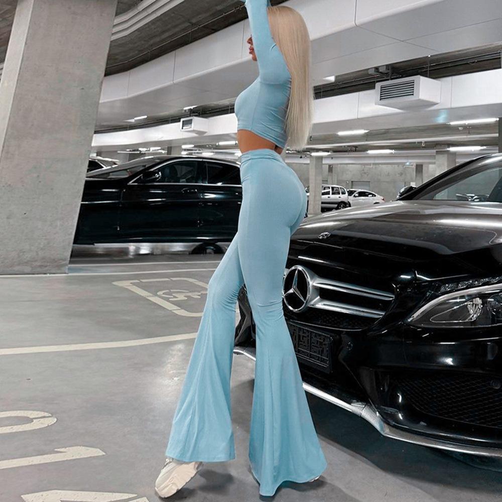 2024 European & American Slim-Fit Sports Set: High-Waisted Flared Pants & Long-Sleeve Top for Women