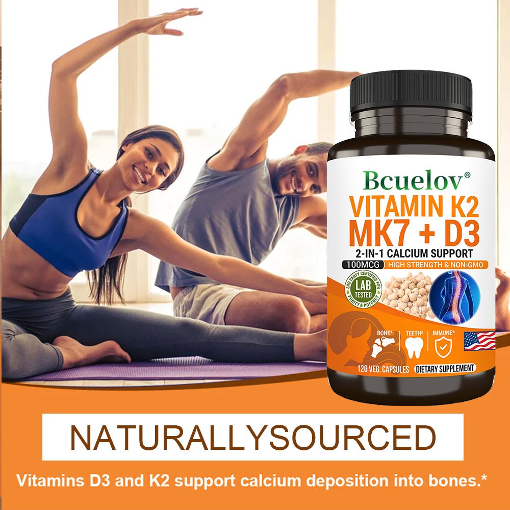 Bcuelov Vitamin K2 MK7+D3 Capsules100mcg K2+25mcg D3 2-in-1 Calcium Absorption Formula Helps with Bone Health