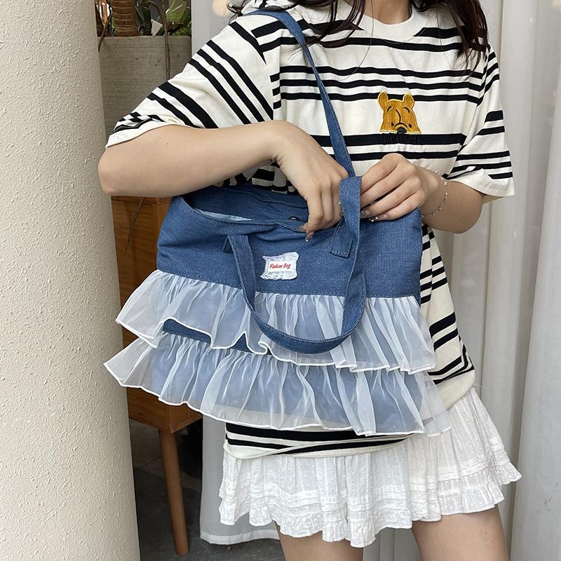 Wucifang Bags Women's Light Blue Sweet Tulle Lace Denim Bag New Handbag Shoulder Bag Commuter Tote Bag