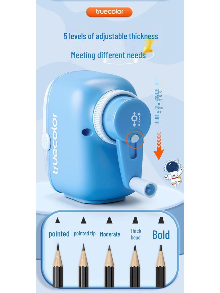 True Color Hand-Crank Pencil Sharpener with Automatic Lead Advance for Students and Kids