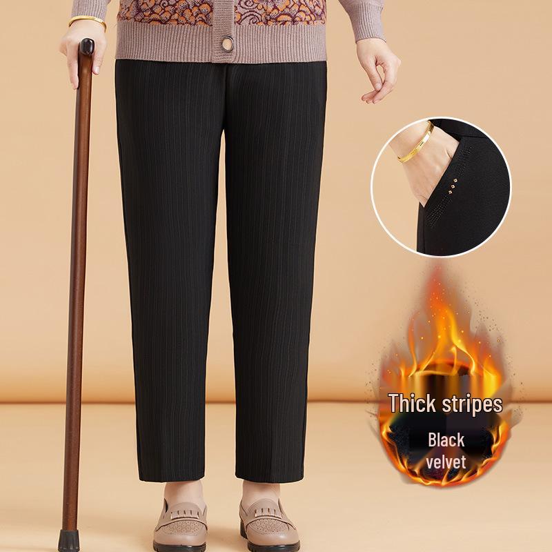 Mom's Plus Velvet Warm Cotton Pants for Middle-Aged and Elderly Women - Large Size, Loose-Fit, Suitable for Spring, Autumn, and Winter.