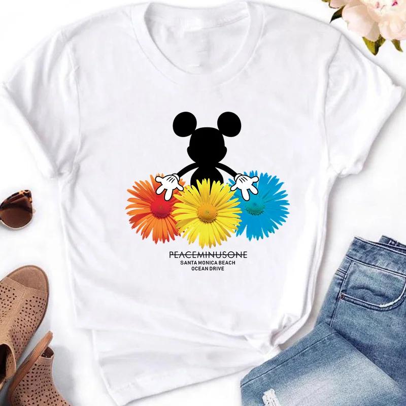 2025 Disney Top Casual Bianco a Manica Corta con Girocollo e Stampa Moda Top Mickey Minnie Mouse per Abbigliamento Donna Ragazza