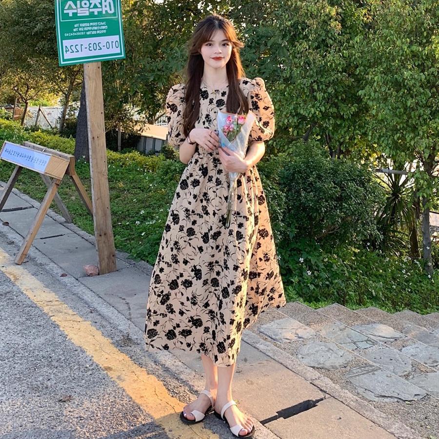 French Retro Floral Print Chic Bubble Sleeve Dress for Women Summer New Style High Waist Slimming Versatile Midi Skirt