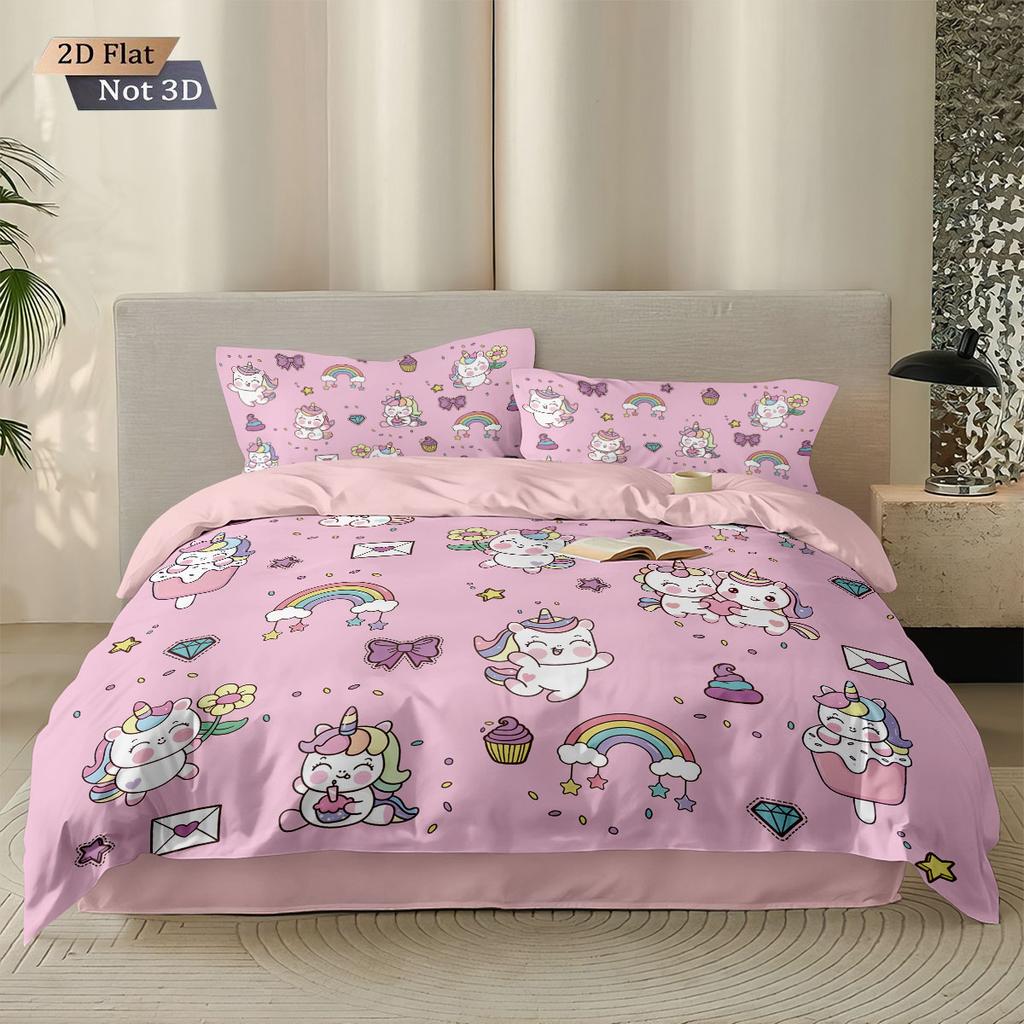 3Pcs Cartoon Cute Unicorn Printed Coreless Down Duvet Cover Set,Multi Size Bedroom Bedding Decoration,Machine Washable