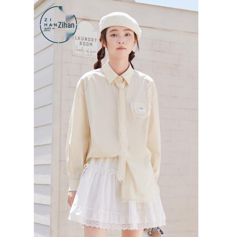 ZIHAN Women s Lace Trim Tie Polo Collar Long Sleeve Blouse S пудинговый желтый