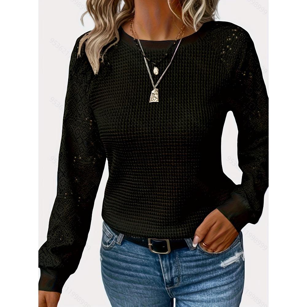 Women Solid Color Lace Long Sleeve Hollow Out Crew Neck Casual T-shirt Blouse Tops