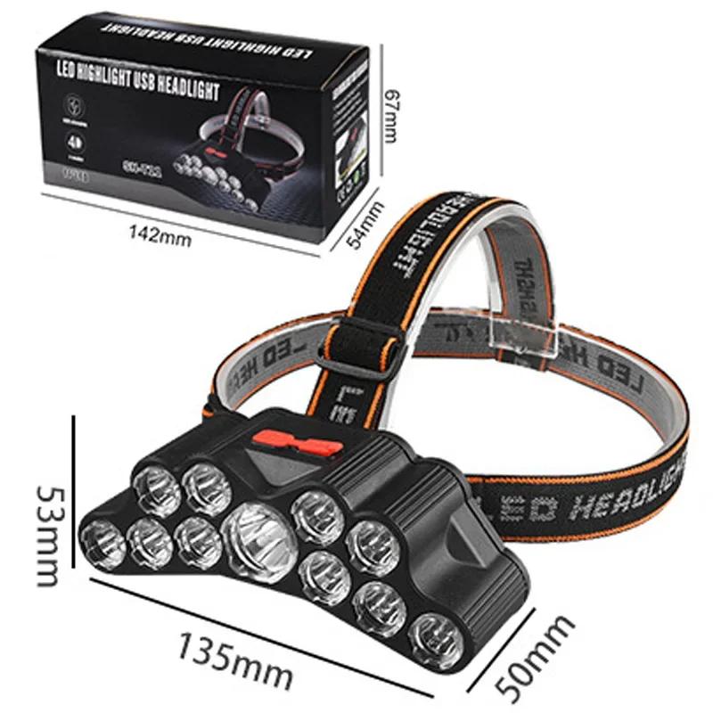 11 LED Headlamp - Strong Light USB Rechargeable Headlight with Built-in 18650 Battery for Fishing Outdoor Lantern