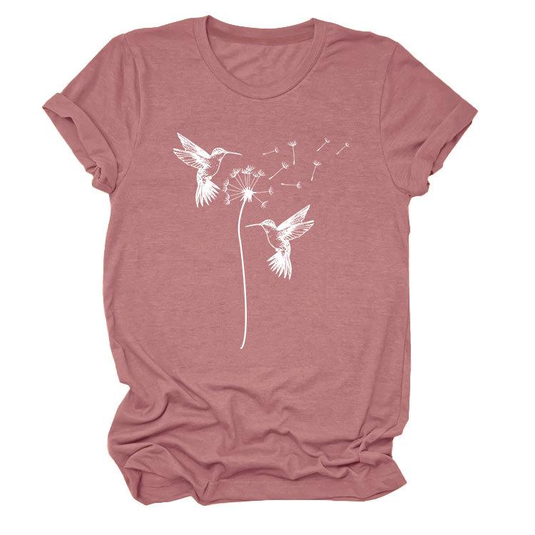 Sommer Rundhals Zwei Vogelmuster Druck Top Modische Lässige Kurzarm Damen T-Shirts