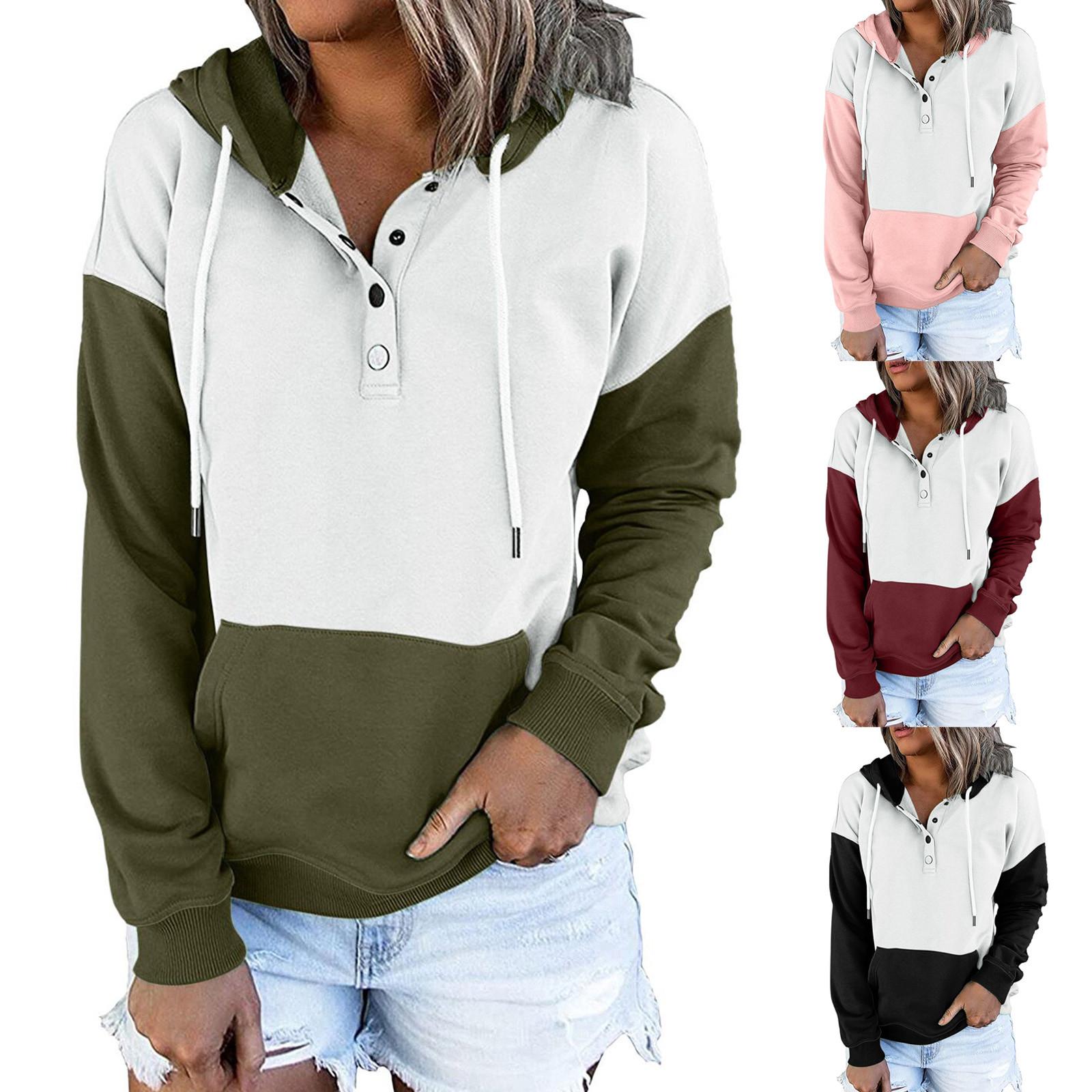 

Женские пуловеры с капюшоном Топы Повседневные толстовки на пуговицах с длинным рукавом и карманом