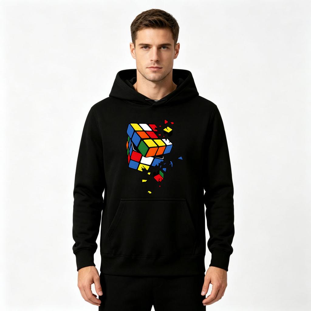 Men's Casual Pullover Hoodie, Shattered Magic Cube Graphic Print Long Sleeve Hooded Sweatshirt for Daily Wear