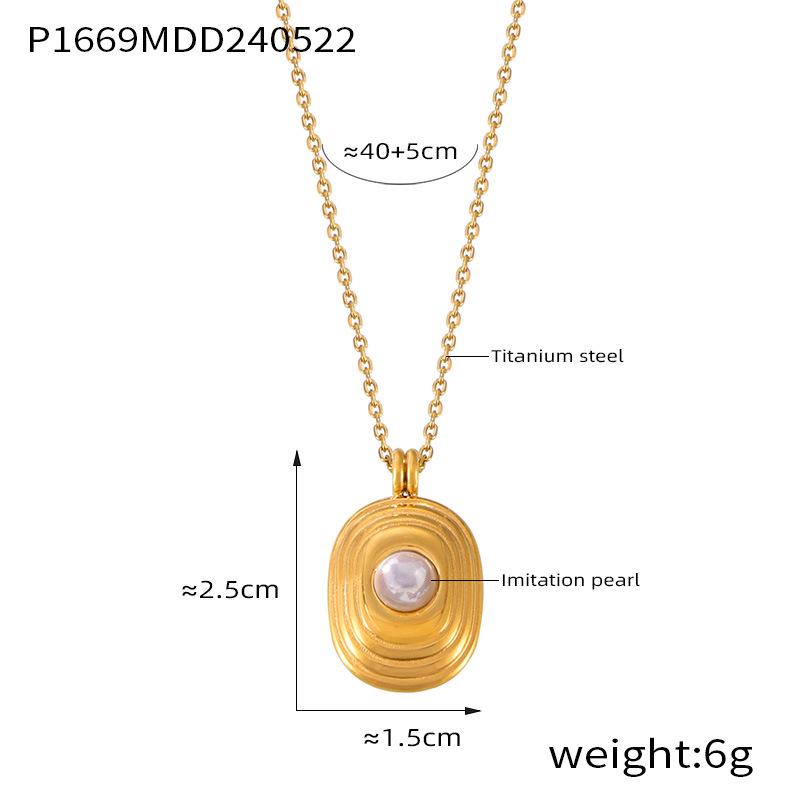 18K Gold Titanium Steel & Pearl Geometric Necklace - European & American Trendy Style, Non-Fading