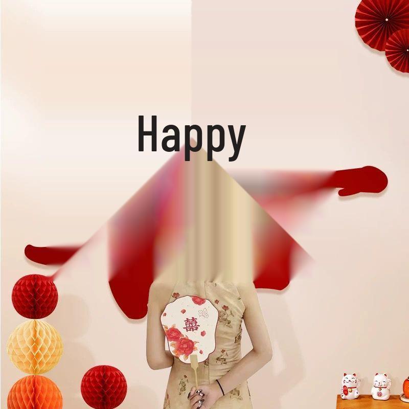 Honeymoon Wedding Room Decoration Set: Double Happiness Curtains, Butterfly Ornaments, and Long Strip Pull Flowers for Bedroom & Living Room.