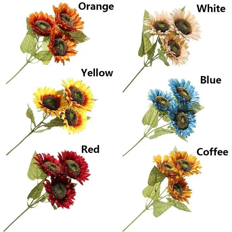 3 Heads/Bunch Decorative Wedding Decor DIY Craft Fake Flores Bouquet Artificial Flower Silk Sunflower Home Accessory 2024