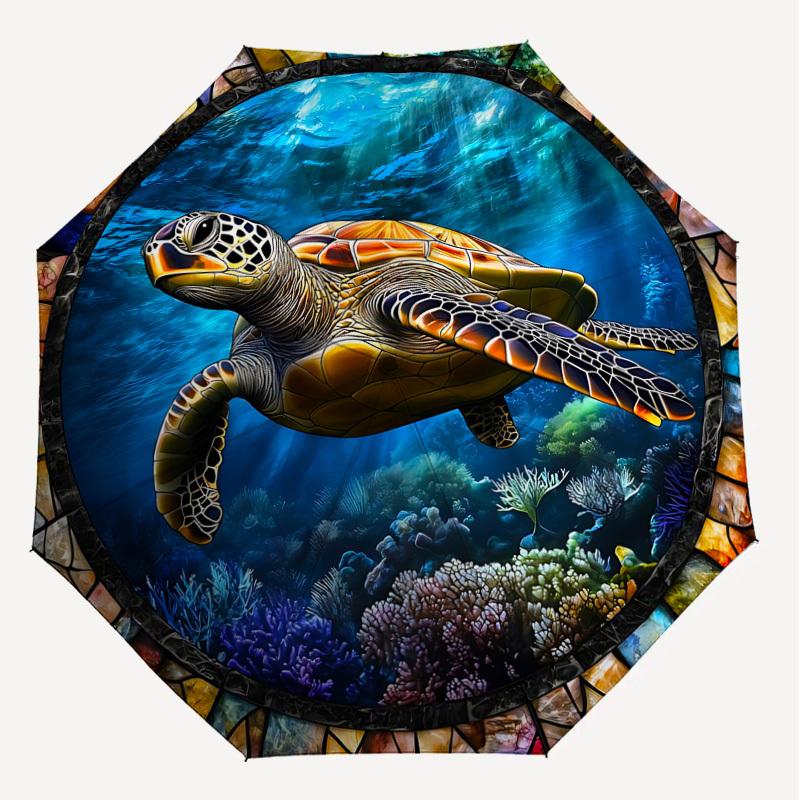 1PC turtle ocean Automatic Open/Close Umbrella with Windproof, 8-Rib Sturdy Canopy, Durable Ribs, Fashionable Design, Outdoor Accessory, Fun Prin, Hol