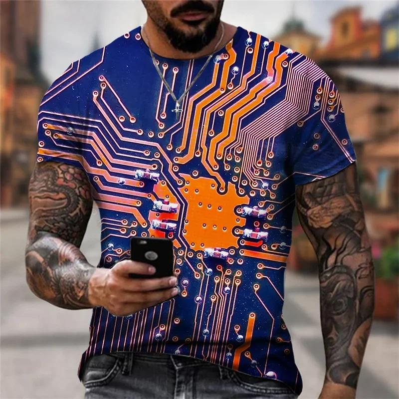 Funny CPU Processor Circuit Diagram 3D Men's Cool Design Round Neck Short Sleeved T-shirt
