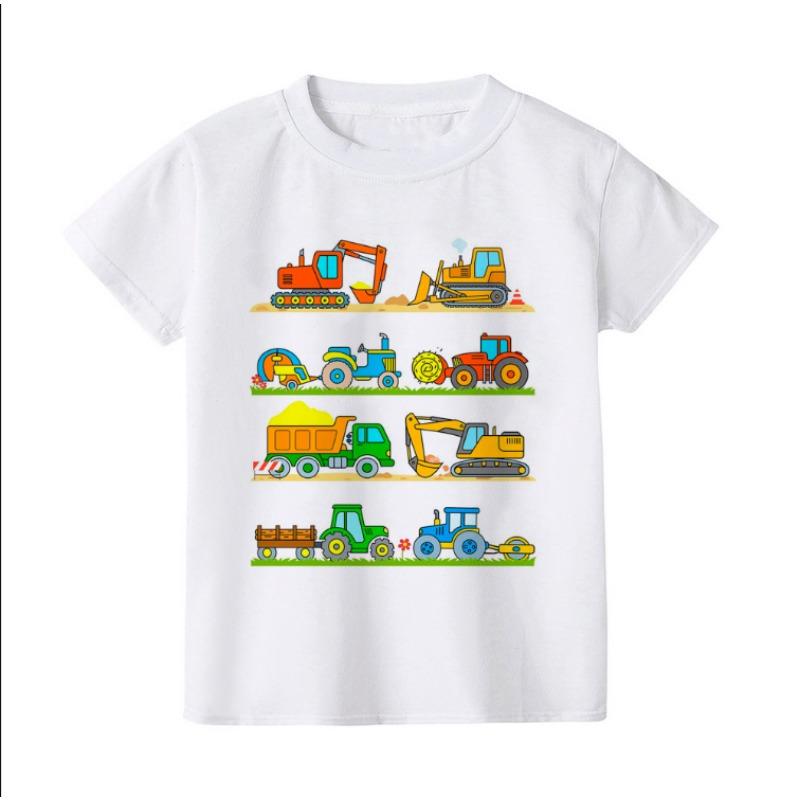 Summer Construction Machines Tractor Print Baby Boys T-shirt Natural Work Zone Kids Clothing Children's Summer Top
