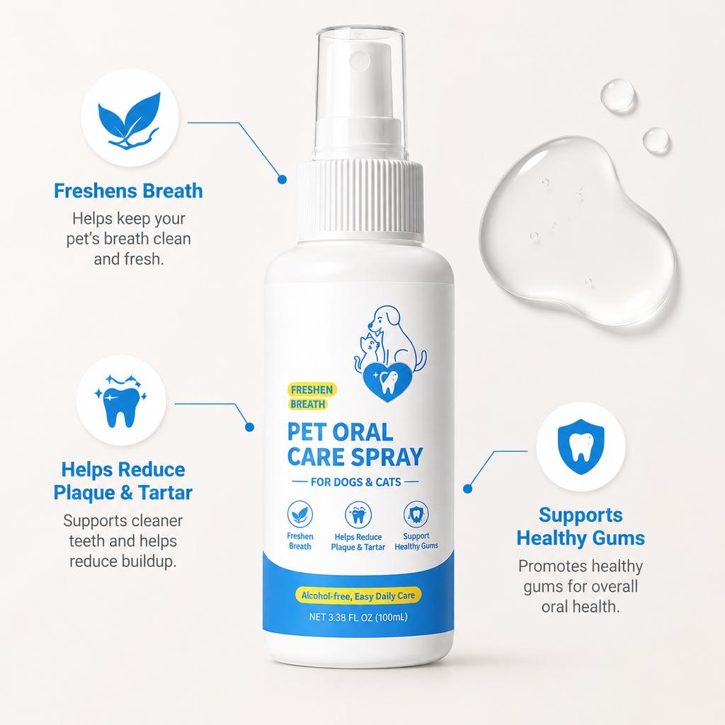 Pet Breath Freshener Spray for Dogs & Cats – No-Brush Dental Spray for Tartar Control & Bad Breath Treatment