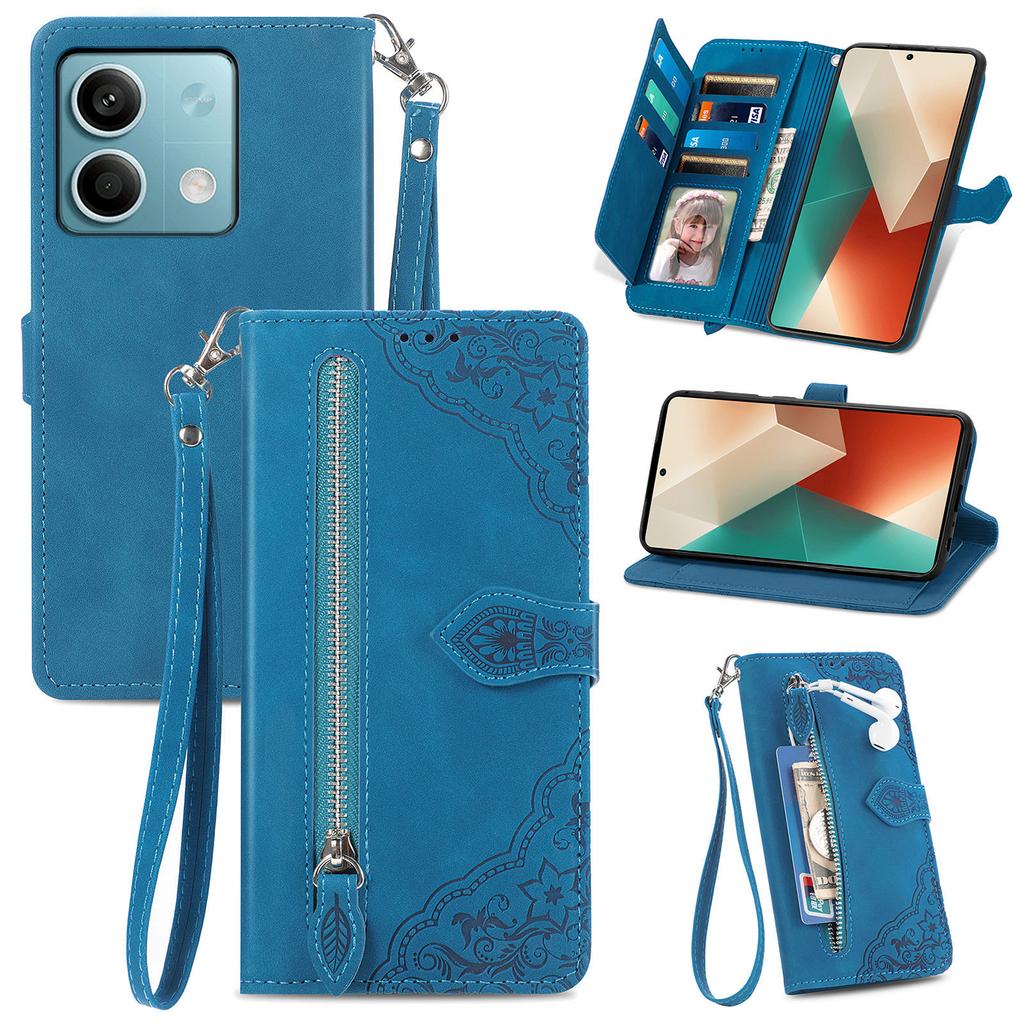 For Xiaomi Redmi Note 13 4G Zipper Wallet Case with Strap Flower Imprint PU Leather Phone Cover