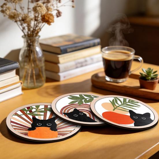 4Pcs Healing Black Cat Wooden Coaster, Creative Heat Insulation Mat, Anti Slip Thickened Desk Protector for Coffee Cup