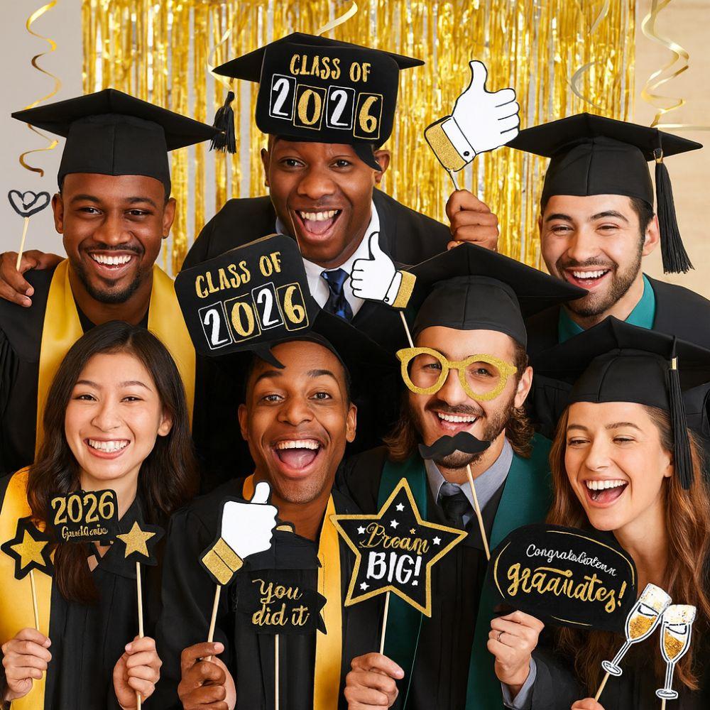 25pcs Black Golden Graduation Photo Props Class of 2026 Congratulation Graduation Cake Topper Festival Bachelor Cap