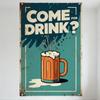 Vintage Teal Metal Tin Sign with 'COME FOR DRINK?' Text, Beer Mug Illustration - Rustic Retro Wall Decor for Bar Cafe Man Cave H