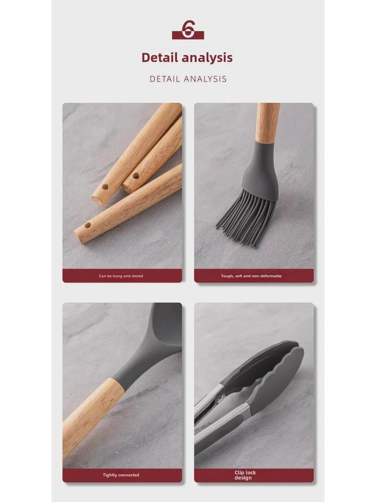 12dílná sada silikonového kuchyňského náčiní s dřevěnými rukojeťmi – nepřilnavé, vysokoteplotní špachtle a polévkové lžíce