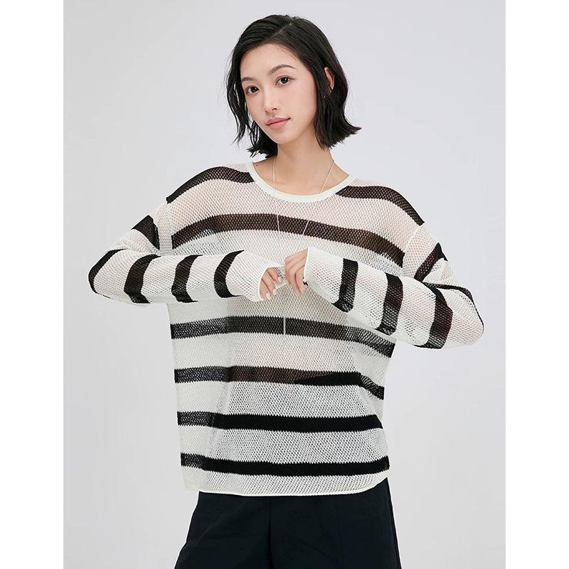 Women's Summer Striped Linen Knitwear: Openwork Long Sleeve Loose T-shirt Cardigan