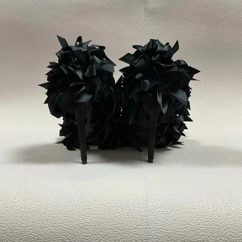 Black Satin Butterfly-Knot Women Pumps 2025 Summer New Shallow High Heels Pointed Toe Stiletto Heel Casual Sandals