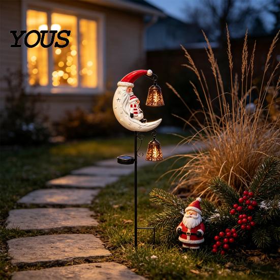 Holiday Bell Hanging Garden Ornaments Solar Christmas Light, Santa Crescent Snowman Decorative Light with Stake, Seasonal Lawn Decorations Waterproof