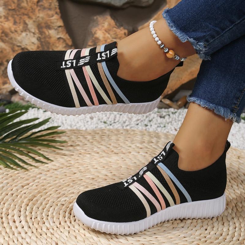 spring flying woven shoes, rainbow belt single shoes, casual one-pedal shoes