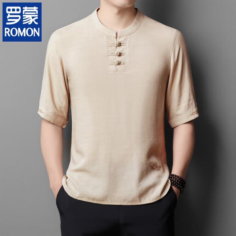 ROMON Men s New Chinese Style Linen Blend Short Sleeve T-Shirt 170