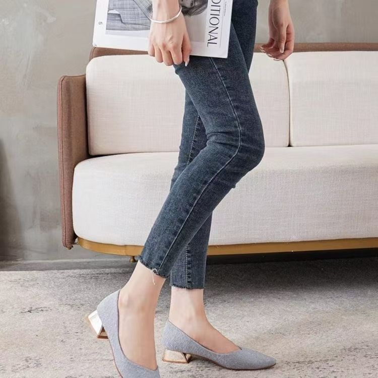 French Thick Heel Versatile Temperament Women's Shoes Spring and Summer New Pointed Head Shallow Mouth Fashion Bridesmaid Shoes with Skirt Single