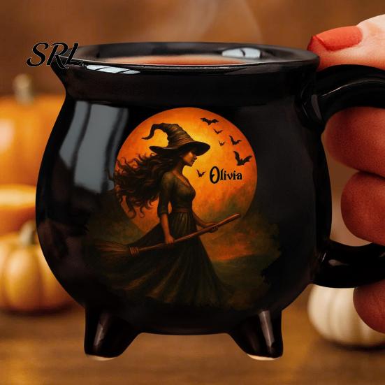 Halloween Tea Drinkware Witch Coffee Mug with Three Legged Cauldron Design, Non Slip Handle Ceramic Decorative Witchcraft Prop Cup, 370ml Capacity for