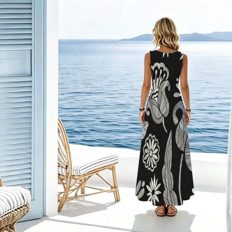 Minimalist Floral Sleeveless Maxi Dress Loose Fit Comfy Flattering,Ideal for Beach Vacation Casual Outing