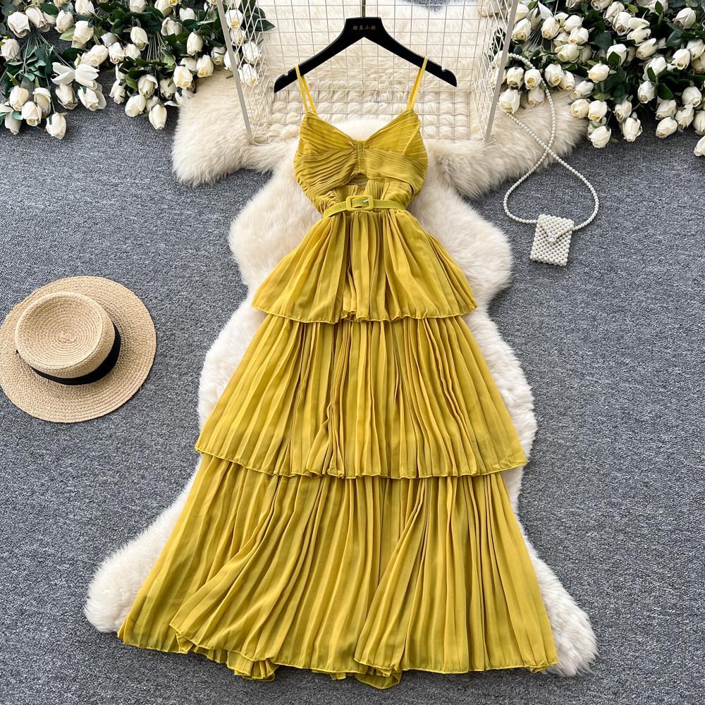 Red suspender layered pleated dress women's summer French vacation style waist ruffle edge cake dress slim dress