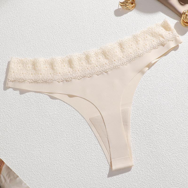 Women's Sexy Traceless T-Back Thongs Panties Seamless Solid Color Lace Trim Cozy Underwear Female Low Waist G-String Lingerie