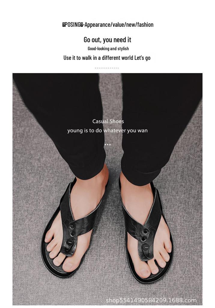 Men's Trendy Genuine Leather Flip-Flops: Casual Outdoor Beach Slippers