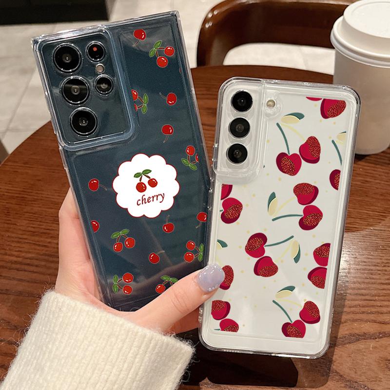 Cute Cherry Print Clear TPU Case For Samsung Galaxy A57 A17 A56 A16 A37 A55 A54 A36 S24 FE S26 S23 S22 Ultra Plus S25 Edge Cover