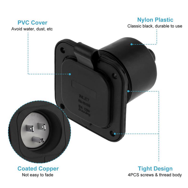 Power Inlet Waterproof 15A/125V Flanged Male Power Inlet For Charging Travel Outdoor Camping Utility Connection Mobility