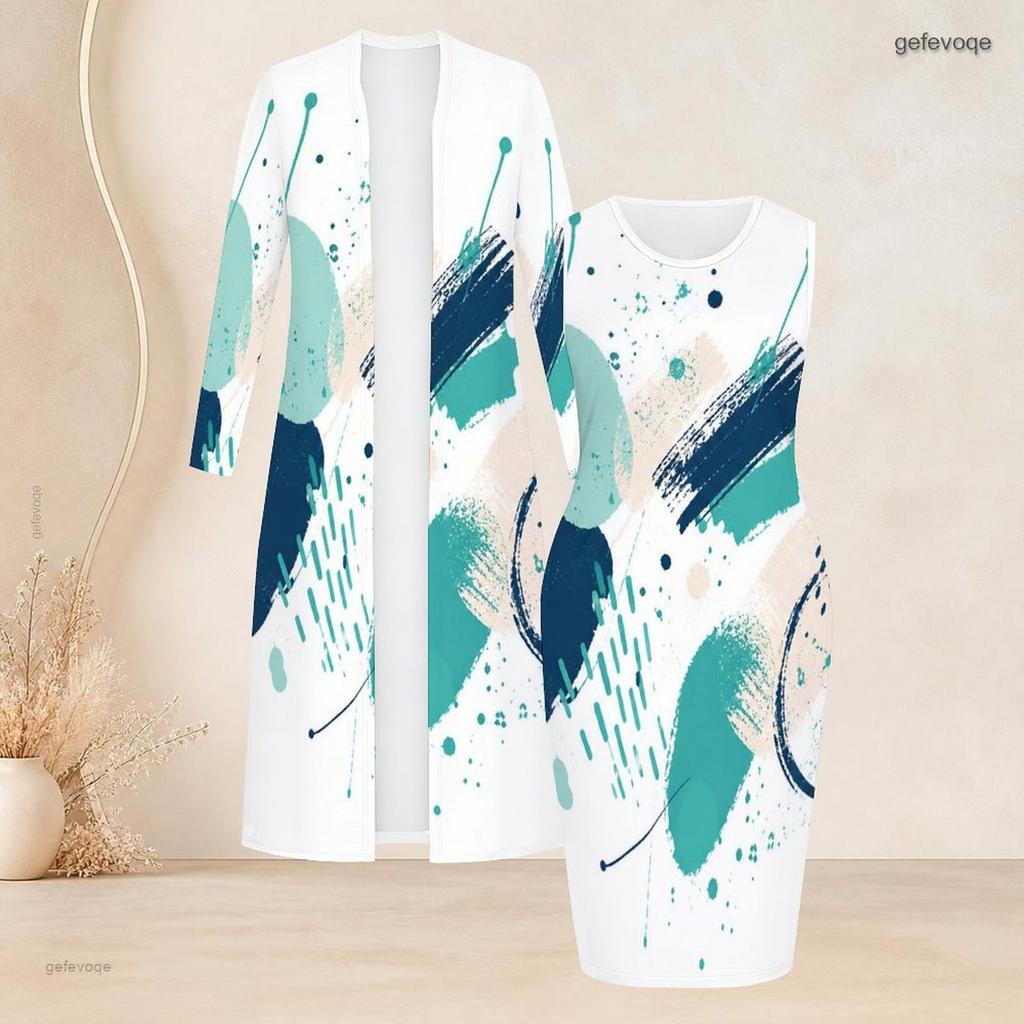 Women Plus Size Abstract Leaf Printed Long Sleeve Open Front Cardigan Sleeveless Bodycon Dress Two Piece Set