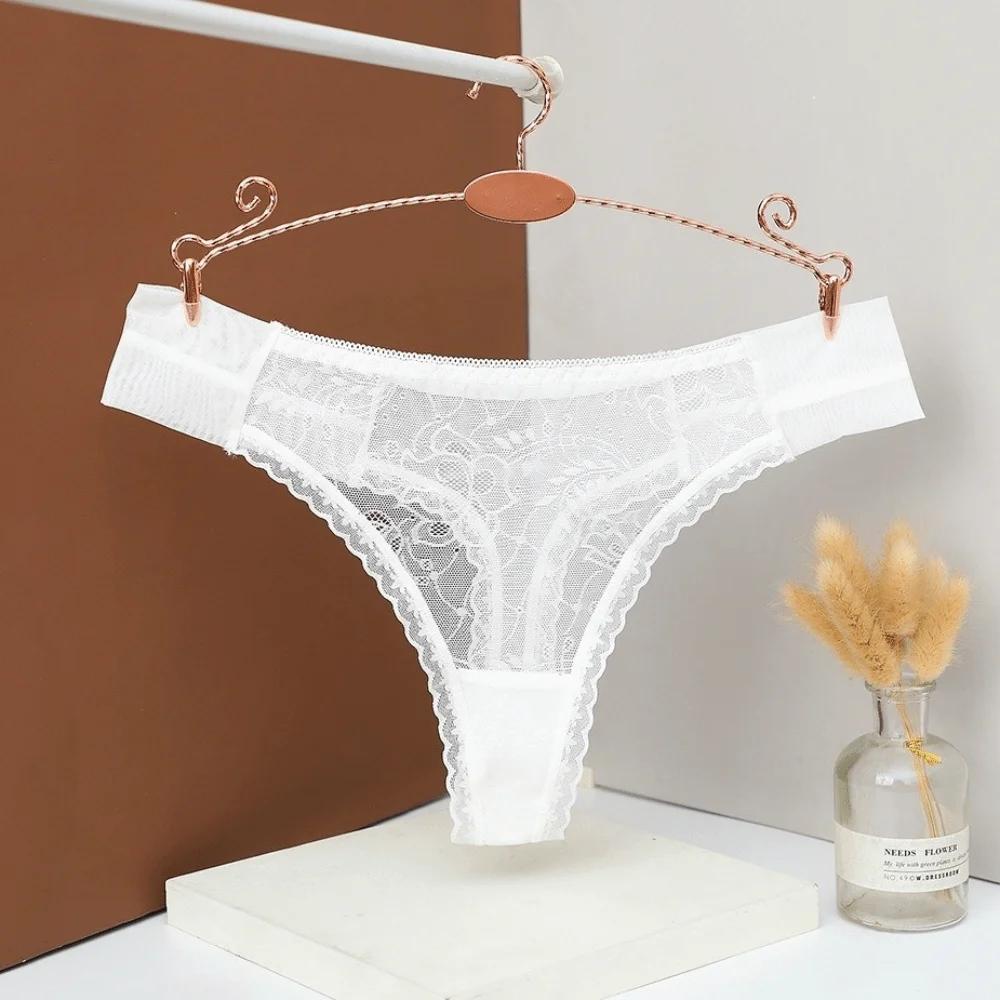 Low Waist Mesh Sheer Lace Thong Underpants Transparent Mesh Briefs Women Hollow Intimate Romantic T Panties Valentine's Day